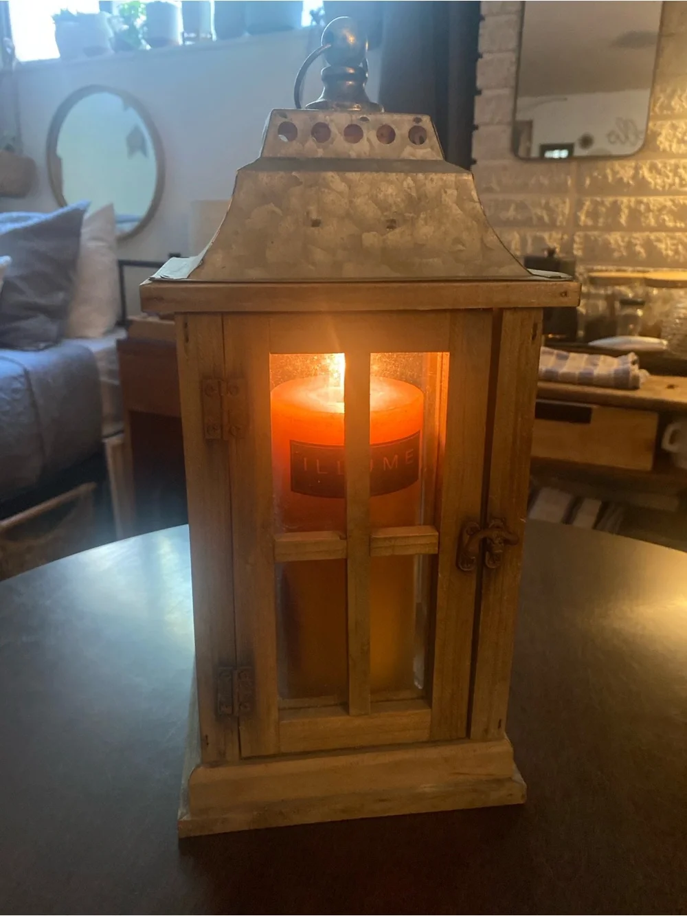 Rustic Wooden Lantern with Amber Candle